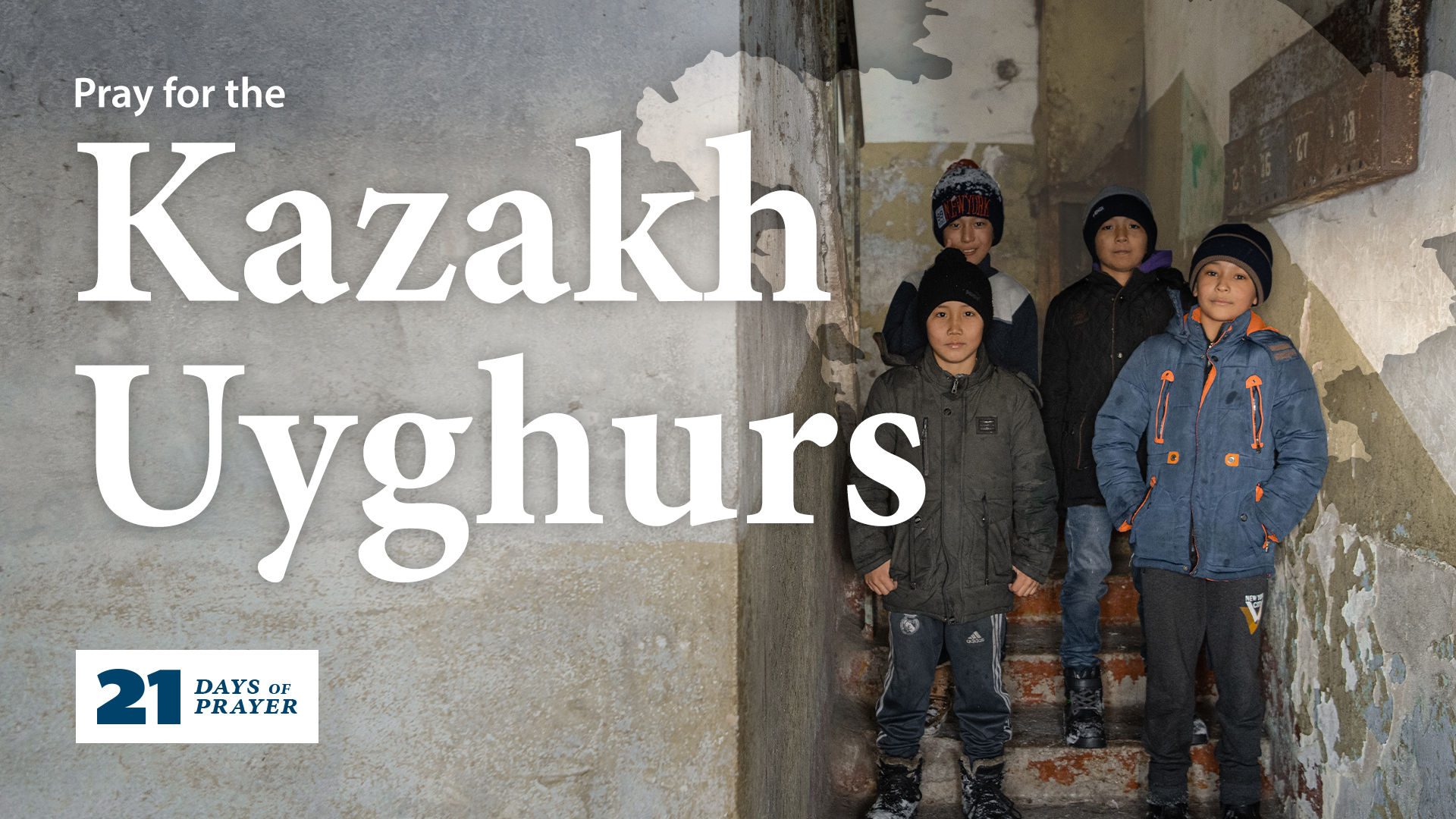 An image of Kazakh Uyghur children standing on a staircase. The image reads: 