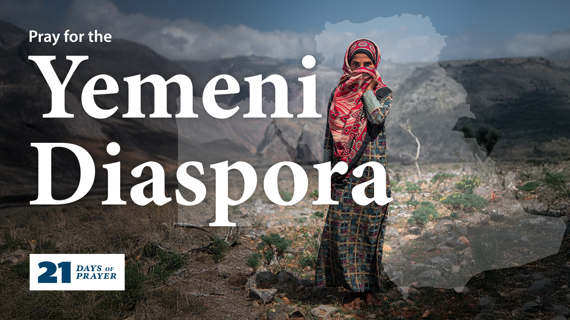 A Yemeni girl looks at the camera while wearing a traditional head covering and clothes. The background features a mountain range and the text reads 