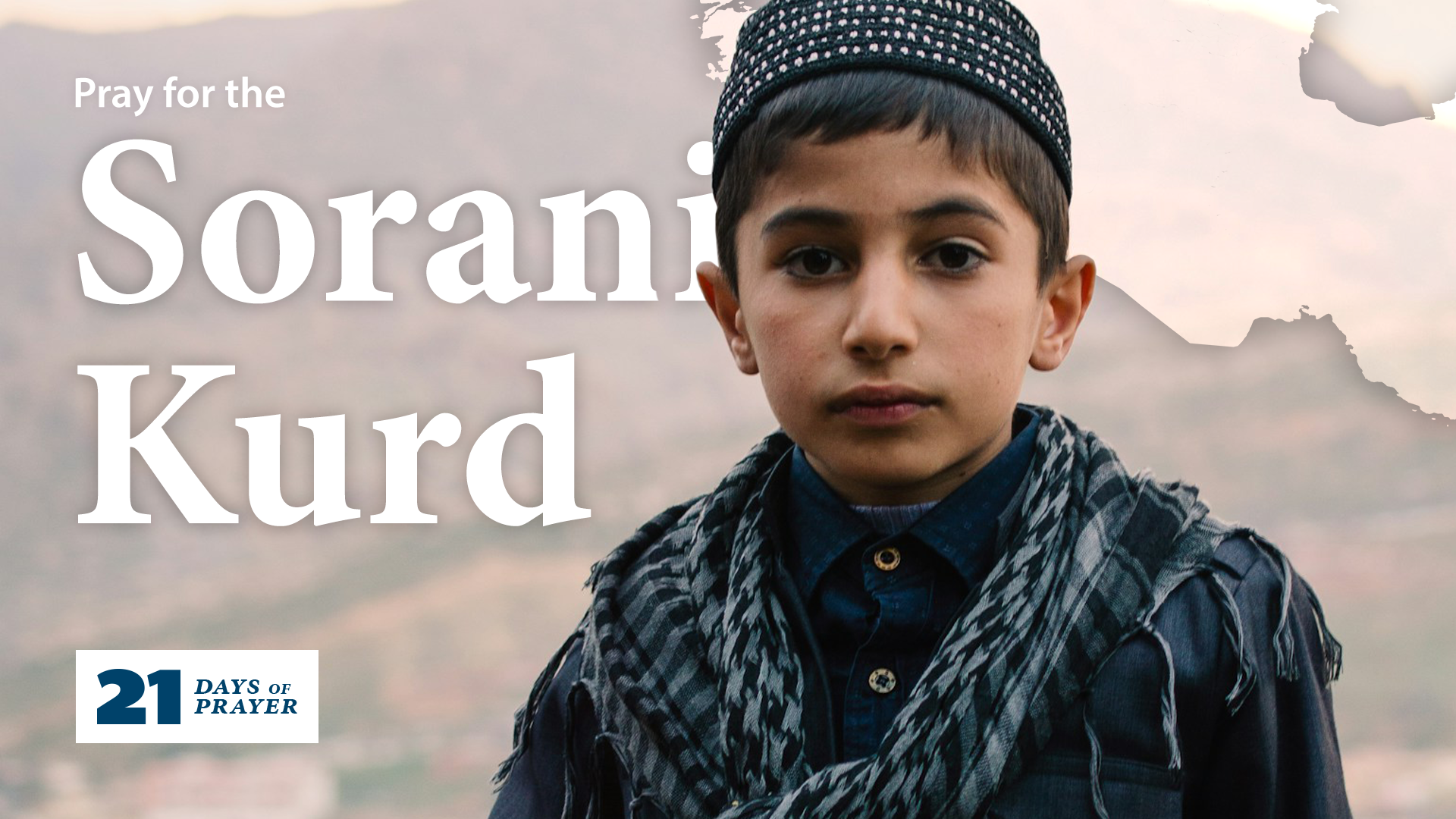 A Kurdish boy wears a scarf and a hat and looks directly at the camera; the superimposed text reads 